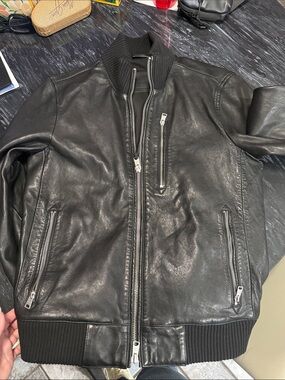 AllSaints Black Leather Bomber Jacket with Ribbed Hem & Collar